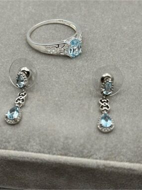 926 Sterling Silver Blue Topaz Teardrop Ring and Drop Earrings Set
